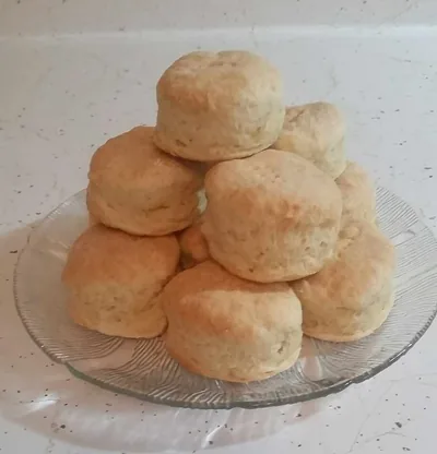 A plate piled high with hand-cut biscuits from the farmhouse kitchen