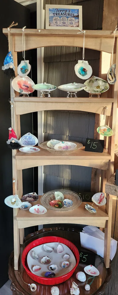 Terry's Treasures decorated shells on a wooden shelf in the store
