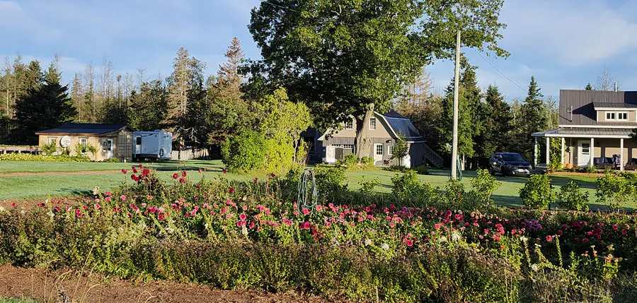 The Dough Rollers property at 480 Abney Road, with flower beds in front of the Cottage Bakery Store and the farmhouse