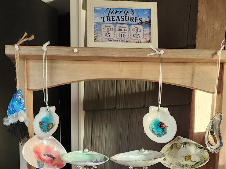 Terry's Treasures decorated shells on a wooden shelf in the store